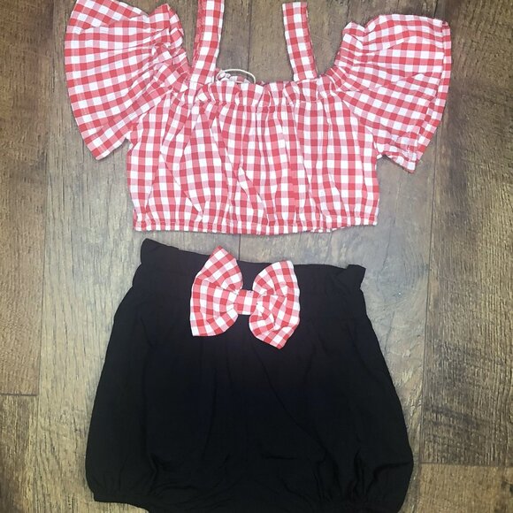 Baby Girls Ruffle Sleeve Top Red Checkered and Black Bowknot Shorts Set 6-9 mont - Picture 1 of 5